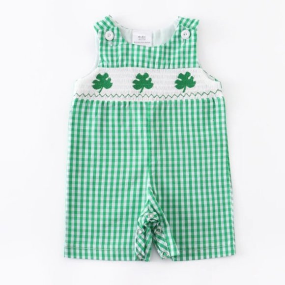 St Patrick's Day Shamrock Baby Boys Smocked Romper Overalls Jumpsuit - Picture 1 of 4